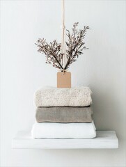 A minimalist arrangement featuring neatly folded sweaters and textiles on a white shelf, adorned with a hanging dried plant and a small tag.