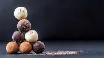 A pyramid of seven chocolate truffles, a mix of dark, milk, and white chocolate, are artfully arranged against a dark, moody background.