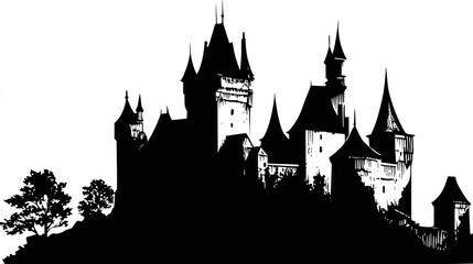 Obraz premium Silhouette of a gothic castle architectural illustration in black and white