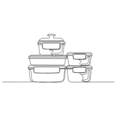 Stack of food containers in black and white line art style