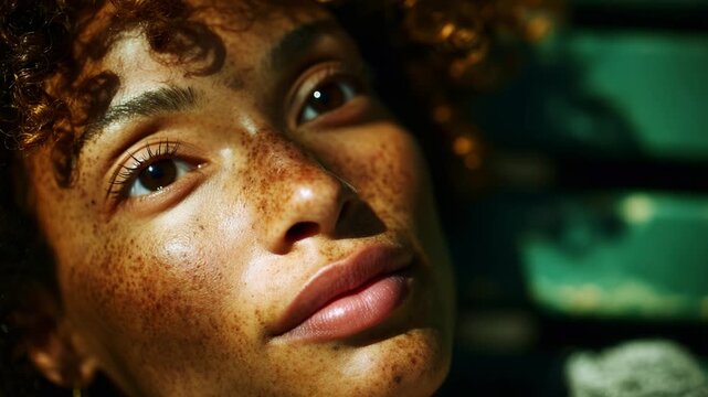 A close-up portrait of a woman basking in sunlight, highlighting her radiant skin, natural beauty, and striking features, showcasing the interplay of light and shadows on her freckled face.