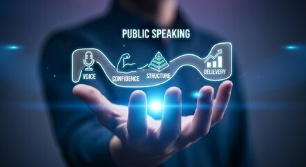 Man presenting public speaking skills concept with voice confidence structure and delivery