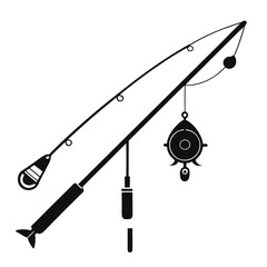 Stylized fishing rod with reel and lure silhouette isolated on black background isolated on white background isolated on transparent background