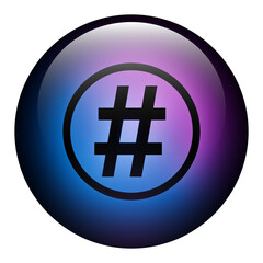 Obraz premium Glass Round Button featuring a Hashtag icon inside a Ring with Blue and Purple Neon Light