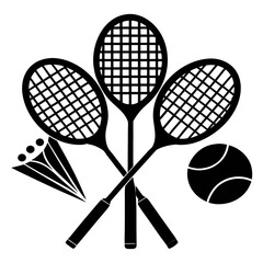 Three white tennis rackets with grid pattern silhouette on a black background isolated on white background isolated on transparent background