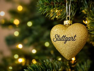Gold Glitter Heart Ornament on Christmas Tree