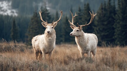 Obraz premium Majestic albino deer pair standing in a serene mountain meadow landscape