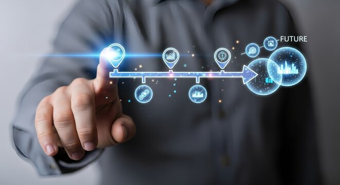 A person touching a digital timeline with various business icons and the word future