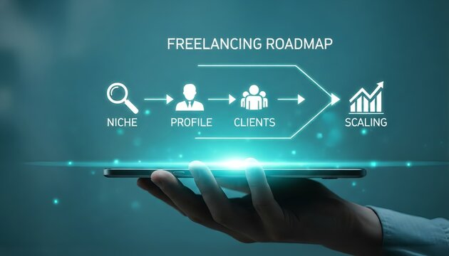 Hand holding a phone displaying the freelancing roadmap from niche to scaling up