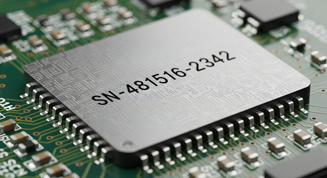 Close-up of a modern computer chip with the serial number SN-481516-2342 etched on the surface, A detailed view of a circuit board featuring an integrated circuit with clear markings