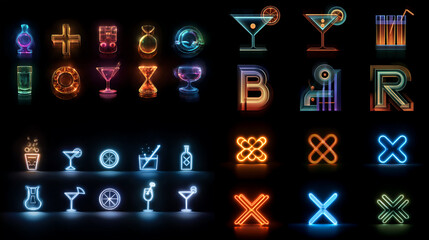 Vector alphabet and number set with icons for communication and technology