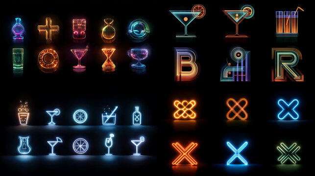 Vector alphabet and number set with icons for communication and technology