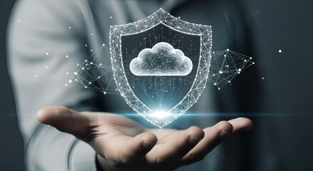 Hand holding a digital shield with a cloud inside and network connections around it