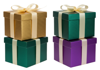 Isolated gift box towers with ribbon in gold, green, and purple for celebration and holidays