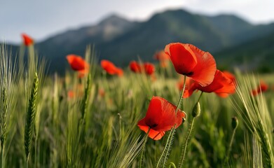 Soft morning light over green wheat field with red poppies, distant mountains in backdrop, emphasizing serene rural scenery and agricultural growth themes.