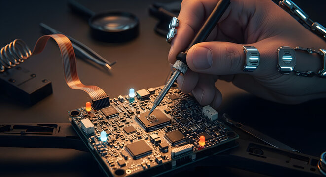 Detailed electronic circuit board being repaired with soldering iron, futuristic jewelry on technician's hand, Modern circuit board repair featuring tech-style jewelry and a focused soldering iron