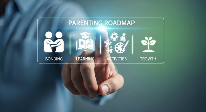 A person touching a parenting roadmap interface with bonding learning activities growth