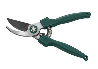 Isolated secateurs, a hand pruner for gardening with green grip and metallic blades stock photo