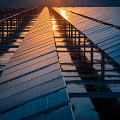 Solar Power Plant at Sunrise Generating Clean Renewable Energy