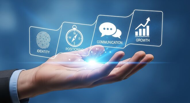 Hand holding digital display of identity positioning communication and growth icons