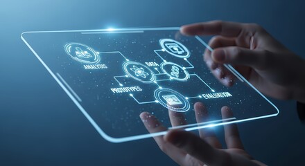 Hands holding a transparent tablet displaying a diagram of analysis and evaluation flow