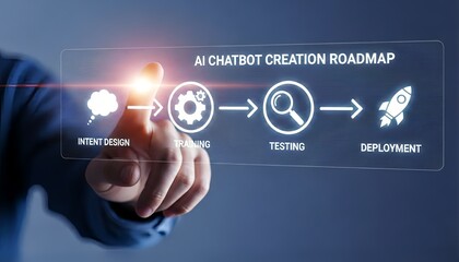 Finger pointing at ai chatbot creation roadmap with intent design training testing deployment