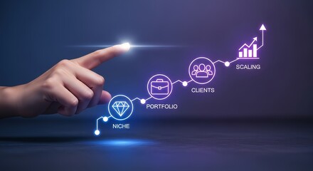 Hand pointing at glowing business growth diagram with niche portfolio clients scaling