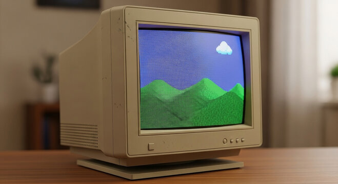 A vintage CRT computer monitor on a wooden desk displaying a simple pixelated landscape. - Powered by Adobe