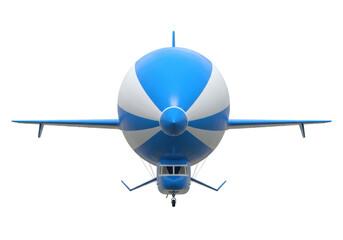 Isolated blimp aerial vehicle, a spherical dirigible with blue and white stripes pattern