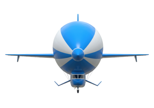 Isolated blimp aerial vehicle, a spherical dirigible with blue and white stripes pattern