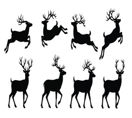 Silhouette of eight reindeer in various poses isolated on white background, creating a festive and dynamic composition perfect for holidaythemed designs and projects