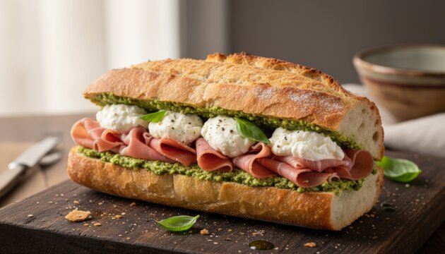 Delicious italian style baguette sandwich preparing with flavorful pesto, fresh mozzarella balls, and thin slices of cured prosciutto on a rustic wooden board, ready for eating