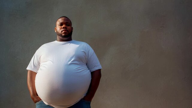 A confident man in a white t-shirt stands with his hands in his pockets against a textured gray wall, exuding self-assurance and presence in both frames of the sequence.