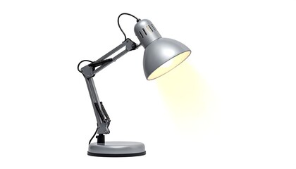 Gray desk lamp with adjustable arm on a white background, emitting a warm, soft glow from its shade