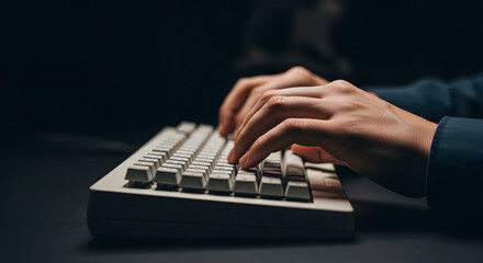 Fingers swiftly type on a classic mechanical keyboard in the shadows, evoking productivity and focus, A vintage keyboard being used by a person with speed and precision