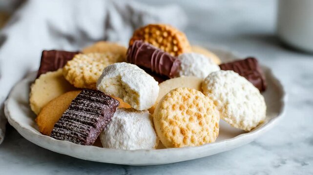 Assorted cookies arranged on a plate including shortbread and chocolate varieties with a bright soft and diffused