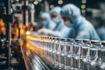 Pharmaceutical Vaccine Production in Modern Laboratory. Automated laboratory innovations in pharmaceutical manufacturing cleanroom biotechnology enhancements. High quality