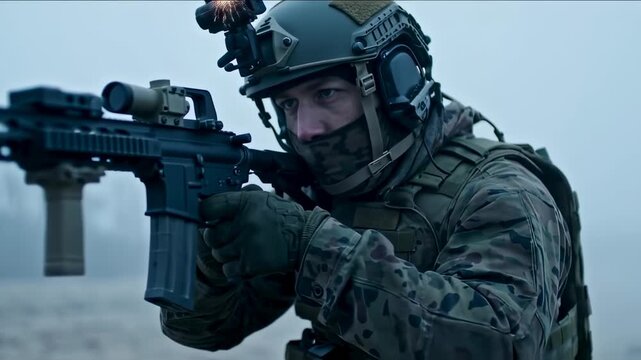 A soldier in camo gear aims a rifle with scope, helmet-mounted device, in a foggy setting