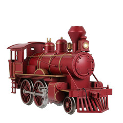 Obraz premium Antique Deep Red Steam Locomotive With Gold Accents And Headlight Illuminated Isolated On Black Background