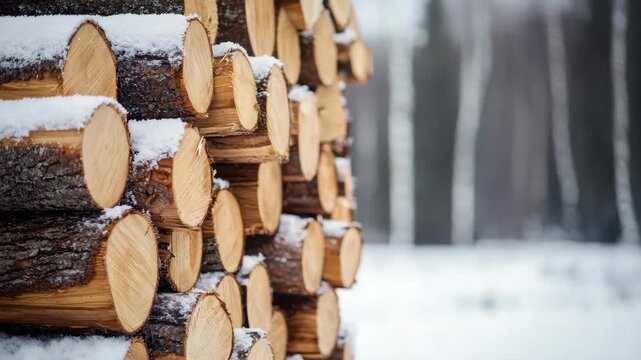 Stack of cut logs covered with snow with the blurred forest in background during winter season focus on the logs