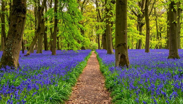 Pathway through a field of vibrant bluebells in a dense forest with emerging spring foliage in the canopy above - Powered by Adobe