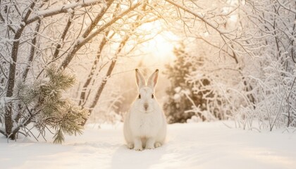 A white rabbit sits peacefully on a snowy forest path at sunrise, bathed in golden light and surrounded by frosted trees, capturing the magic, calm, and purity of a serene winter morning.
