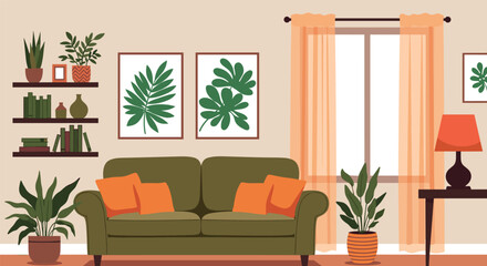 An inviting modern living room featuring a green sofa, various houseplants, botanical wall art, and warm light from a large window.