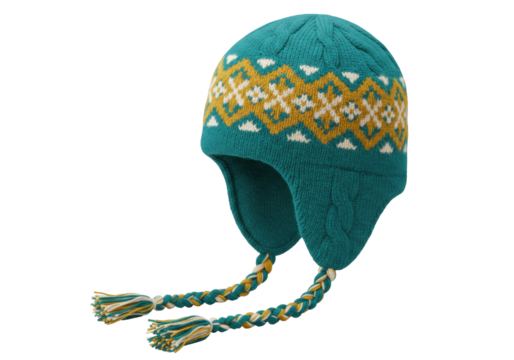 Isolated warm knitted winter hat with ear flaps and tassels against a plain background