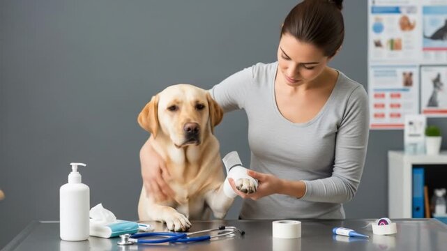 Veterinarian bandaging a dog's paw in a clinic.