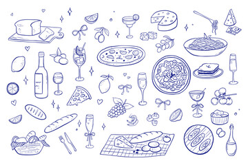 Whimsical Italian dinner elements - bruschetta, pizza, pasta. Modern line art illustrations with chalk for menu or culinary stickers. Hand drawn icons set, vintage kitchen sketch