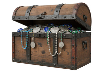 Isolated treasure chest overflowing with riches including jewels, coins, and gold artifacts