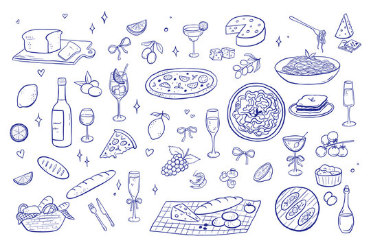 Whimsical Italian dinner elements - bruschetta, pizza, pasta. Modern line art illustrations with chalk for menu or culinary stickers. Hand drawn icons set, vintage kitchen sketch