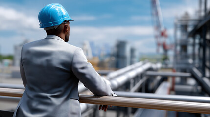 Faceless back view of engineer looking at a conveyor line and building skeleton, distant structures blurred for depth, with copy space