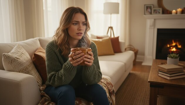 A quiet moment of reflection at home capturing personal emotion and seasonal mood that hints at wellness concern or winter introspection by a warm fireplace